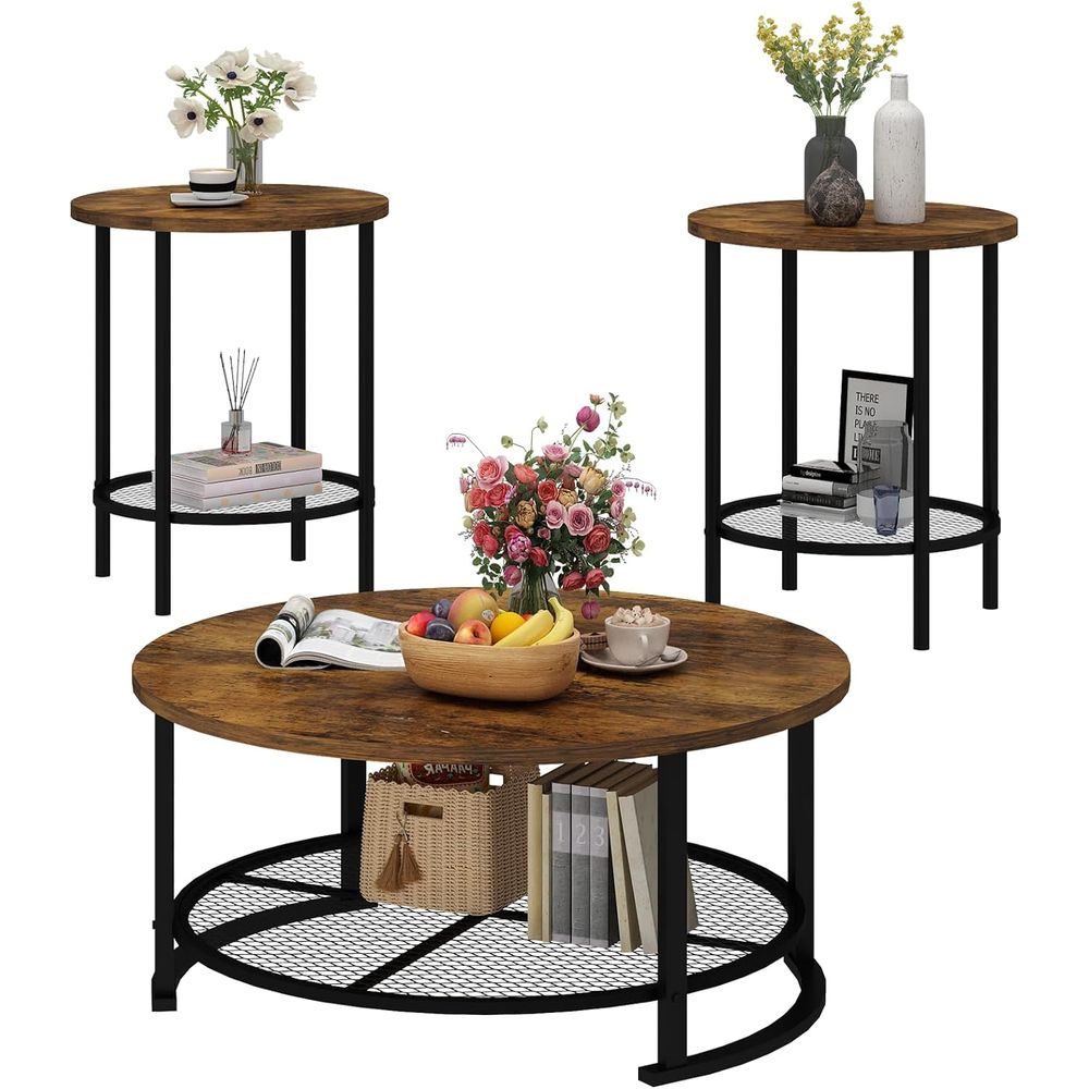 Desk Setup Wood - Rundes Couchtisch- und Beistelltisch-Set (3-teilig) mit
