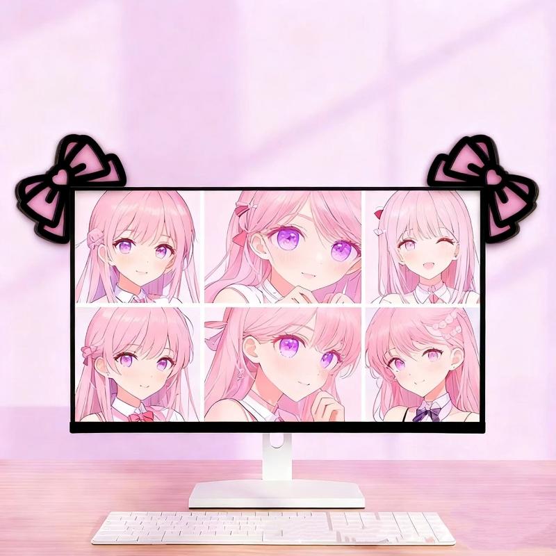Desk Setup Home - Neue 1/2-teilige Holz-Schleifen-PC-Accessoires, Kawaii 2D-Schleifen-Monitor-Deko, niedliche