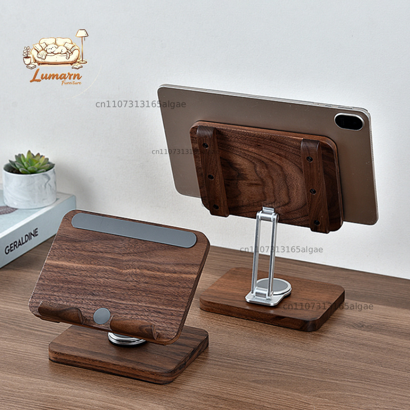 Desk Setup Black And Wood - Schwarzer Walnuss-iPad-Ständer mit 360°-Drehung ° Drehbarer,