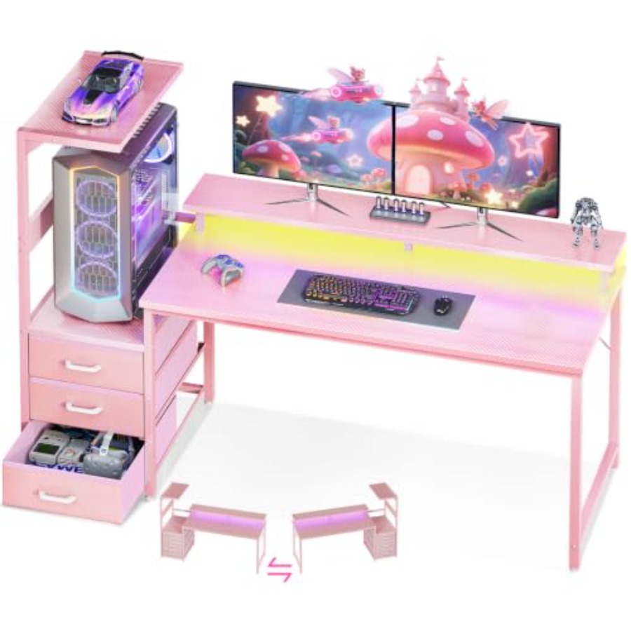Desk Setup Black And Wood - Gaming-Schreibtisch mit PC-Displayständer für PC-Setup, MDF-Holz,