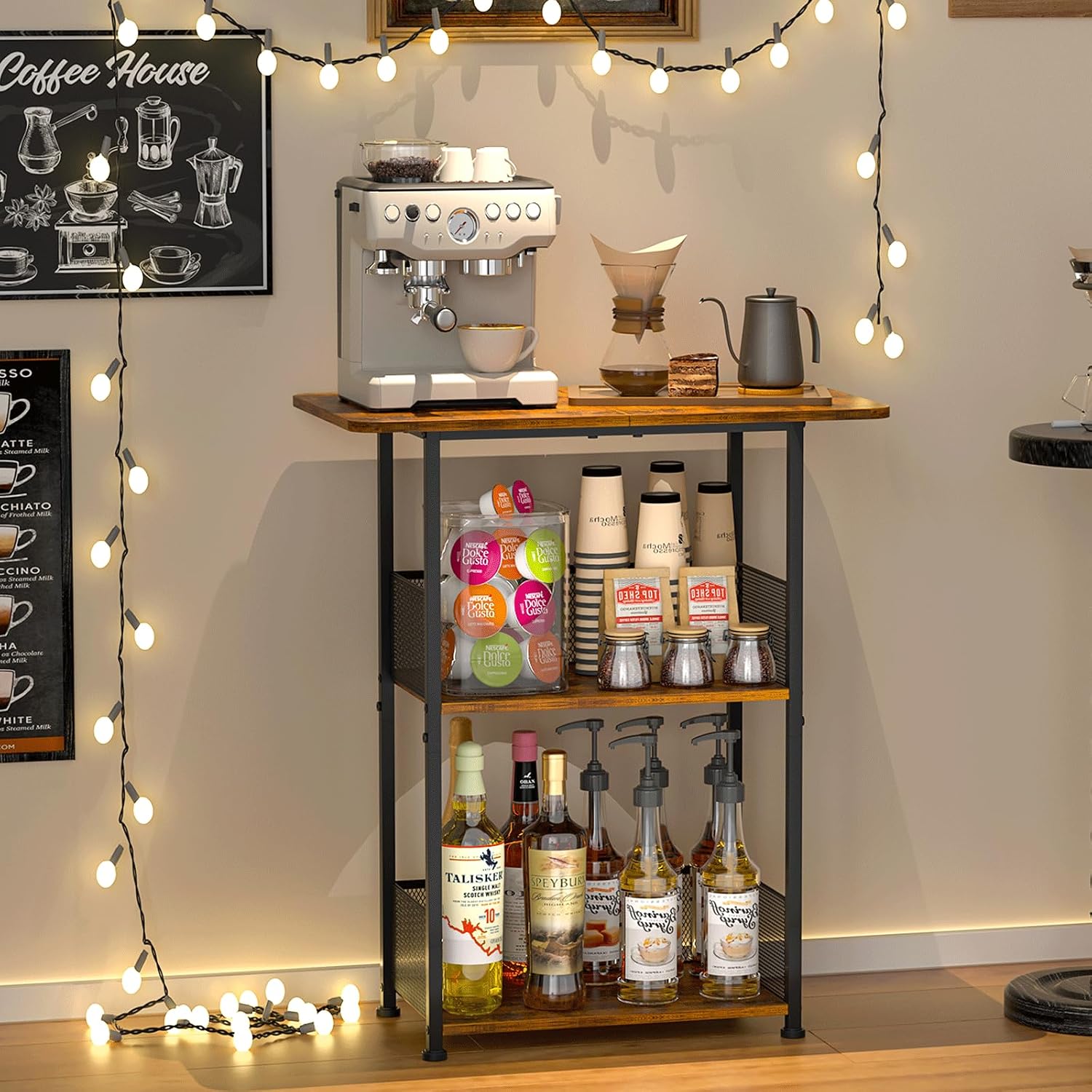 Desk Setup Wood - Mini-Bodenständer für Kaffeebar, 3-stufiger kleiner Kaffeetisch,