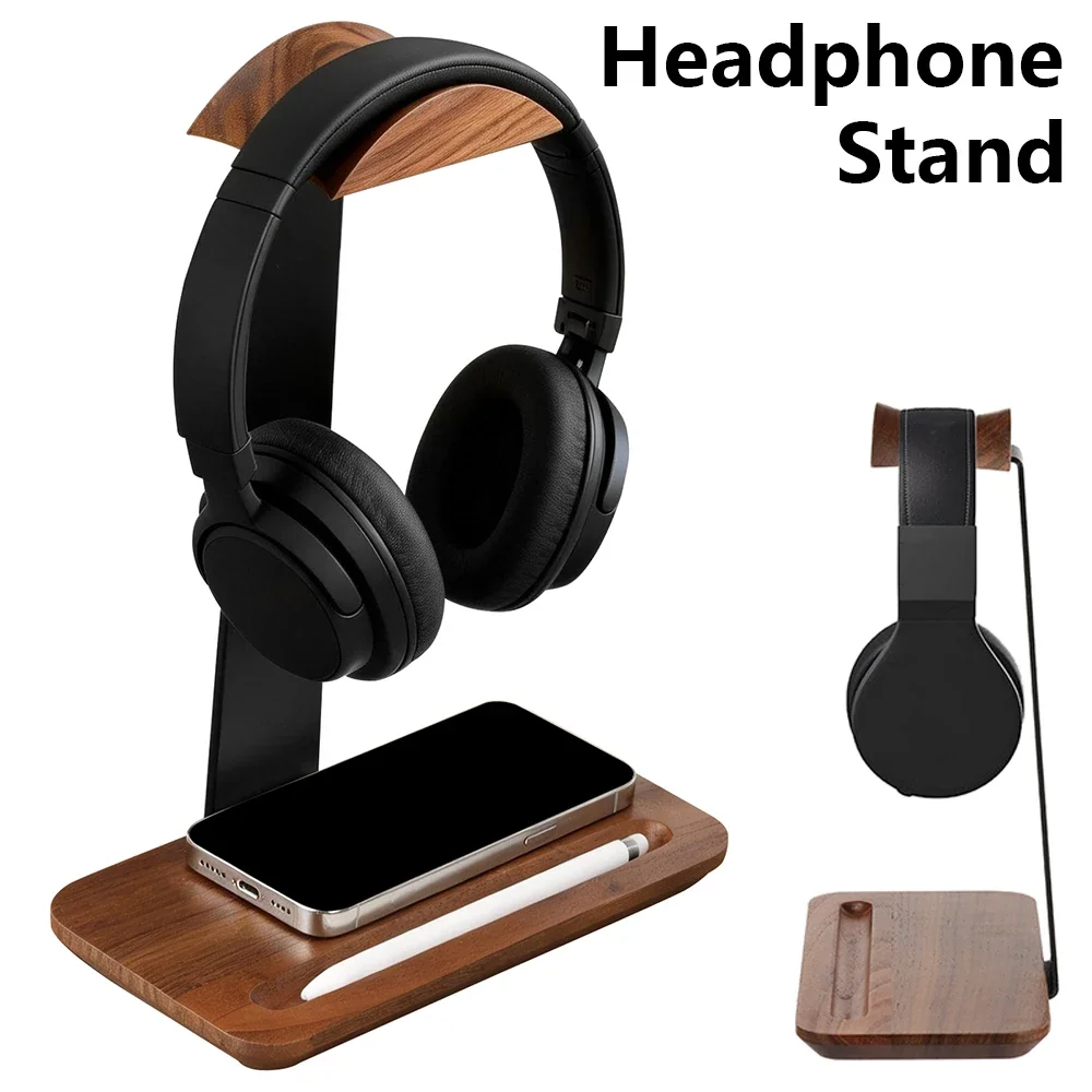 Desk Setup Desk - Universeller Kopfhörerständer aus Holz mit Aufbewahrungsbasis,