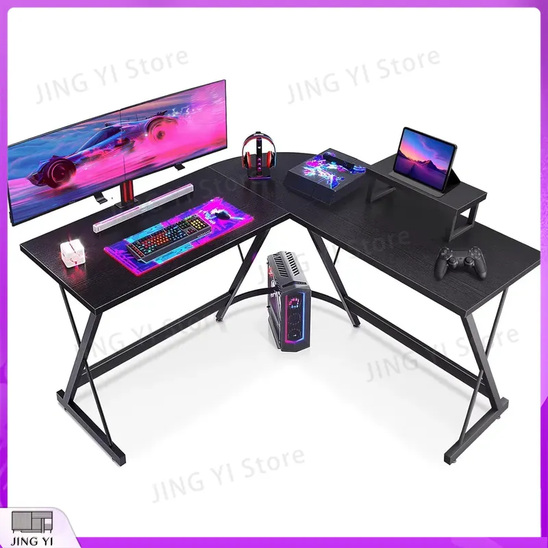 Desk Setup Black And Wood - L-förmiger Gaming-Schreibtisch mit Monitorständer 127x127x75 cm