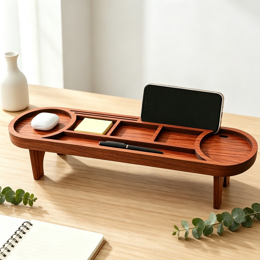 Desk Setup Home - Hölzerner Schreibtisch-Organizer mit Telefonständer Multifunktionales Desktop-Aufbewahrungsregal