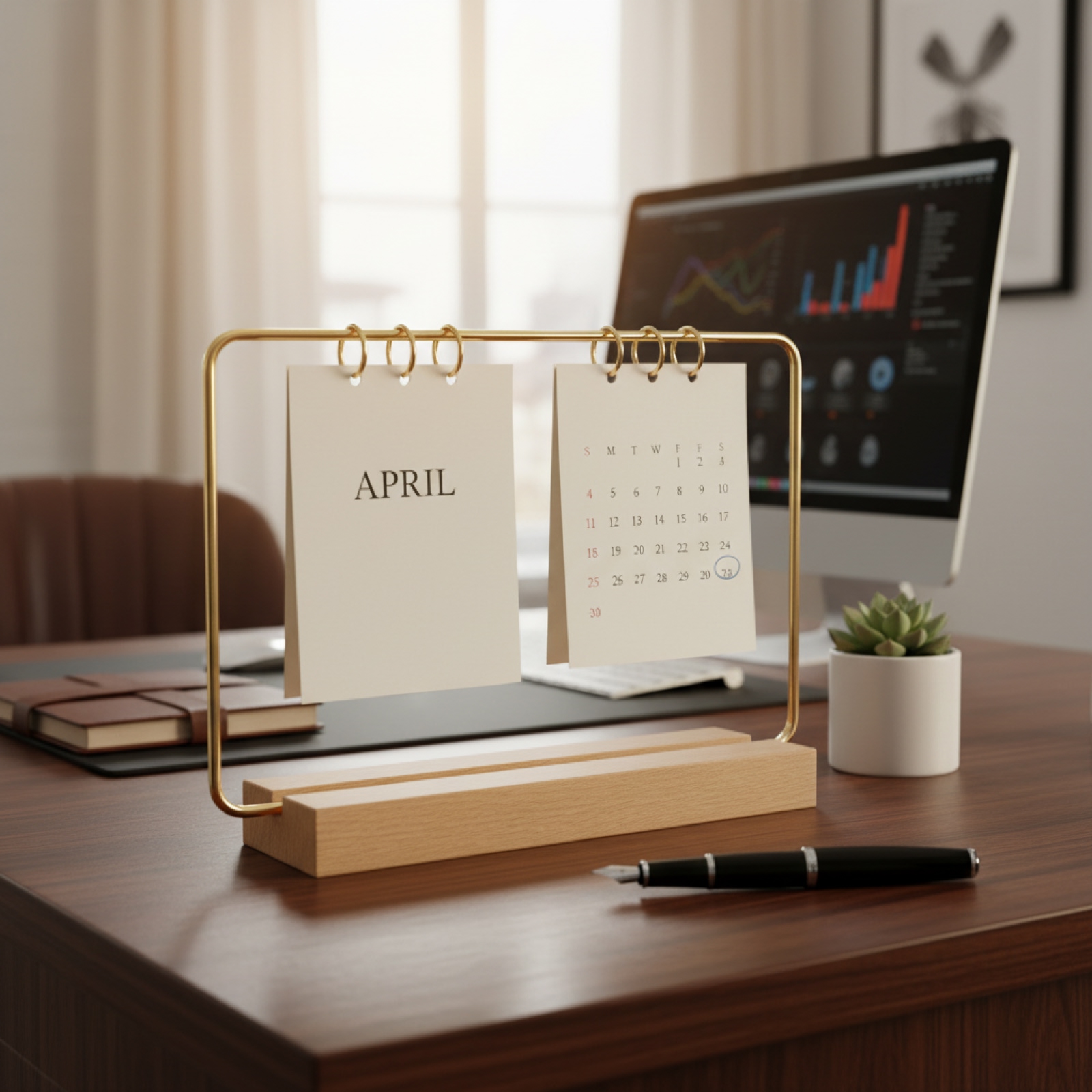Desk Setup Wood - Kalenderständer mit Holzsockel, stabiler, handgefertigter Schreibtisch-Kalenderständer,