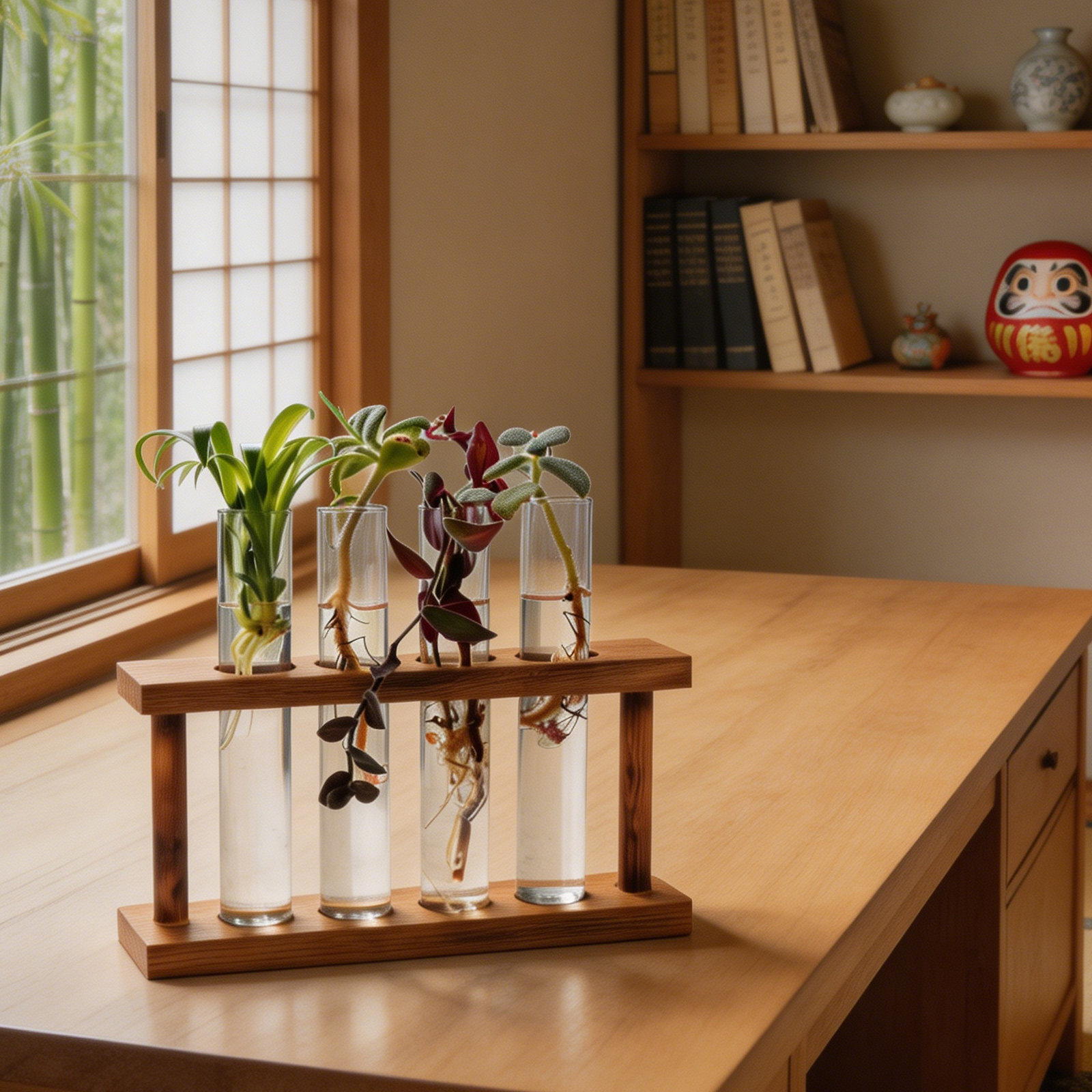 Desk Setup Wood - Holz-Pflanzenvermehrungsstation mit Glas-Reagenzglas-Vasenhalter Rustikaler Hydroponik-Präsentationsständer für