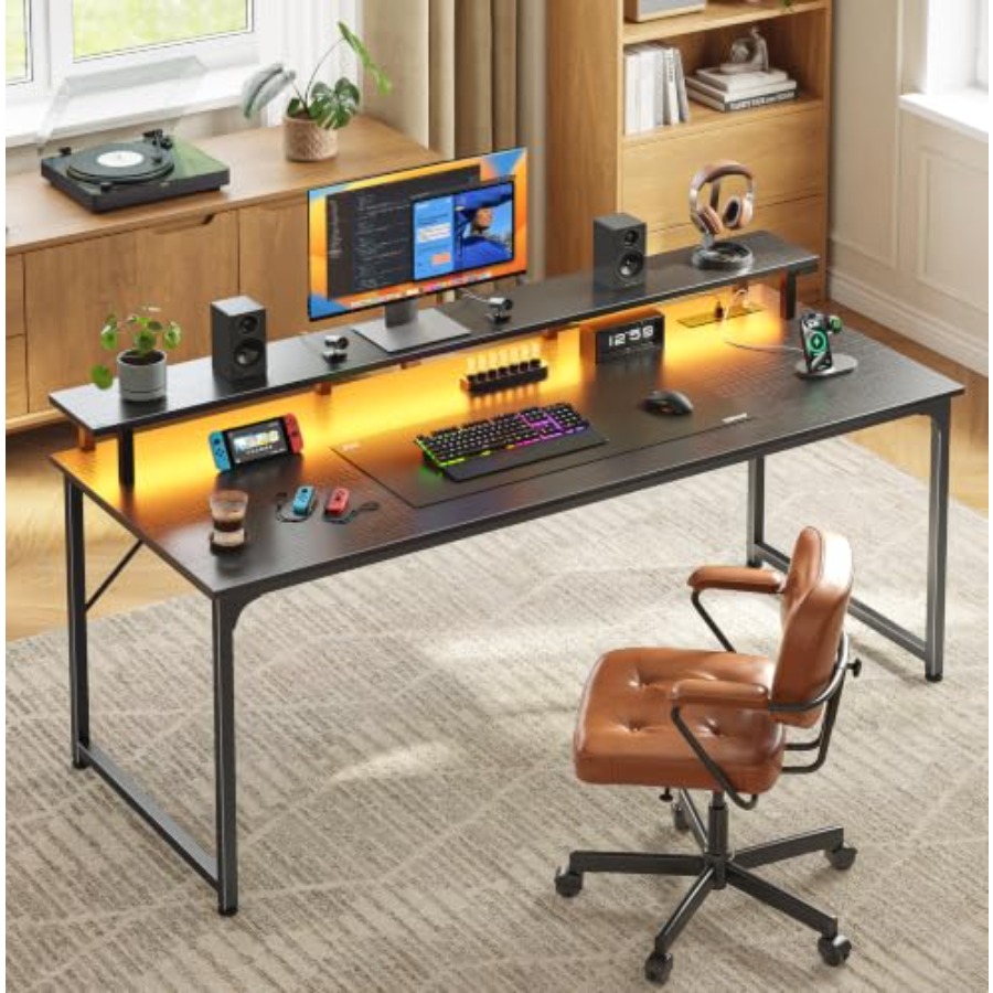 Gaming-Schreibtisch mit LED-Be – Desk Setup Black And Wood Bewertung und Preis
