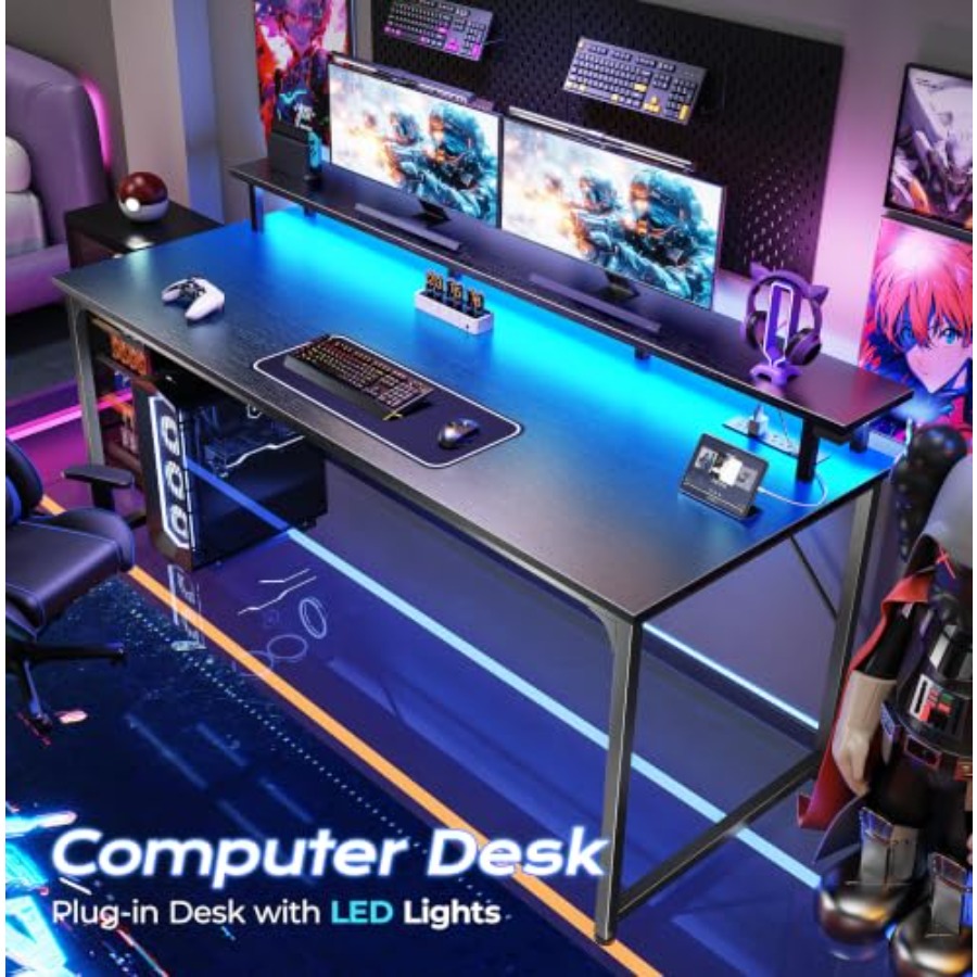 Gaming-Schreibtisch mit LED-Be – Desk Setup Black And Wood Bewertung und Preis